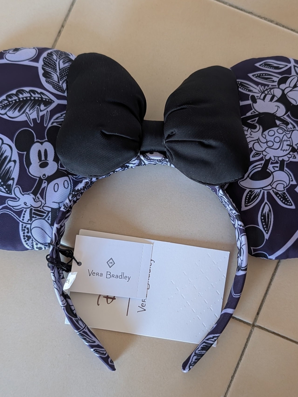 Vera Bradley Black Bow Minnie Ears Headband with Purple Pattern